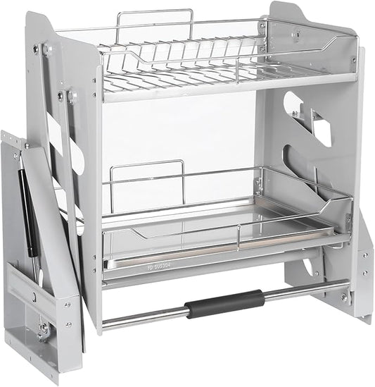 2-Tier Pull-down Storage Lift Cabinet Wall Cupboard Lifting Basket 304 Stainless Steel 22-34 Inch Width for Snacks Bowls Plate (600)