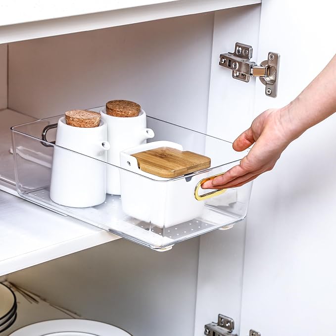 Reallnaive 2 Pcs Clear Pull out Cabinet Organizer with 4 Pcs Adhesive Sliders Rails, Pull out Drawer Organizer Accessories Plastic Slide Storage Drawer for Office Kitchen Bathroom Home School