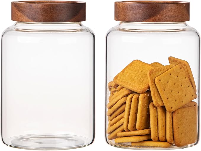 2 PCS Large Glass Jars with Wooden Airtight Lid 60 oz /1800ml,Clear Ground Coffee Bean Storage Canister with Screw Lid Glass Food Contianer for Pantry Sugar Tea Spice Cookies Salts (1800ml/60oz-2PACK)