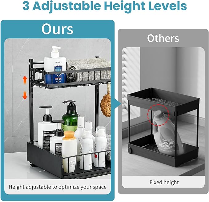 sagetta Black Under Sink Organizers with Sliding Rails Under Kitchen Sink Organizers and Storage Pull out Kitchen Cabinet Organizer Height Adjustable Cabinet Storage Shelves Two Tiers