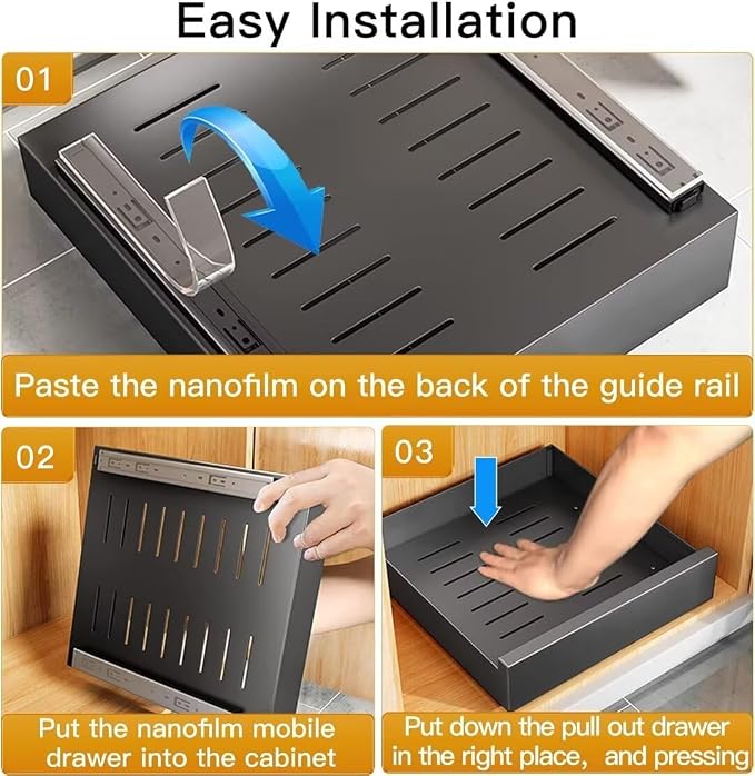 Pull Out Cabinet Telescopic Sliding Drawer Extendable Pullout Storage for Cupboard Drill Free Installation 25cm W x 43cm D x 9cm H Black Kitchen Solution，White 40cm