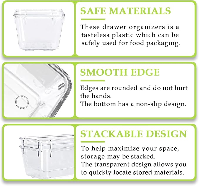 Clear Acrylic Drawer Organizer Trays, 5 Size Junk Box Organization Small Storage Container Bin for Desk Makeup Bathroom Vanity Kitchen Tool Make Up Workspace Home Dorm Apartment Office Room Nightstand