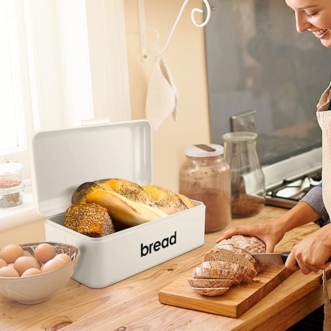 E-far Vintage Bread Box for Kitchen Countertop, Cream Metal Bread Storage Container Retro Bread Bin for Pastries/Loaves/Dry Food, Large Capacity & Modern Design (16.7” x 9” x 6.4”)