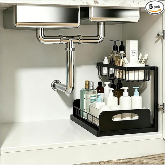 Upgraded Under Sink Organizer, 2 Tier Pull Out Kitchen Cabinet Organizer Metal Slide Out Bathroom Organizers and Storage Makeup Drawer Organizer for Office Bedroom Restroom Livingroom