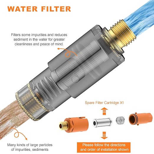 TIORIY 2 Pack Sediment Water Filter G 3/8 (9/16") with Hose, Conncet Angle Valve, 35 Micron Reusable Under Sink Inline Water Filter with 12in Extension Tube, Compression Fitting for Bathroom Kitchen