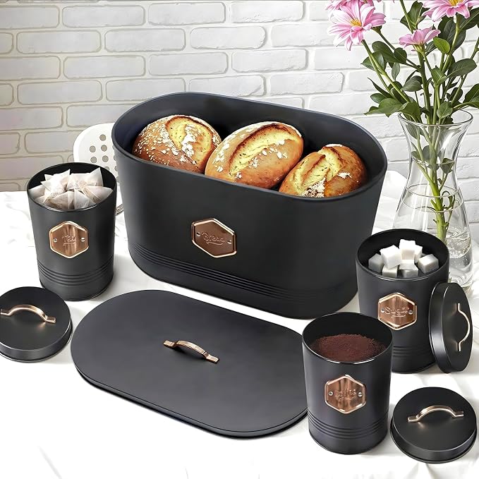 Plexon Bread Box for Kitchen Countertop with 3 Coffee, Tea, Sugar Canisters, Metal 4-Piece Bread Box Set with Lids and Cooper Labels, Black, BBCP4STBK