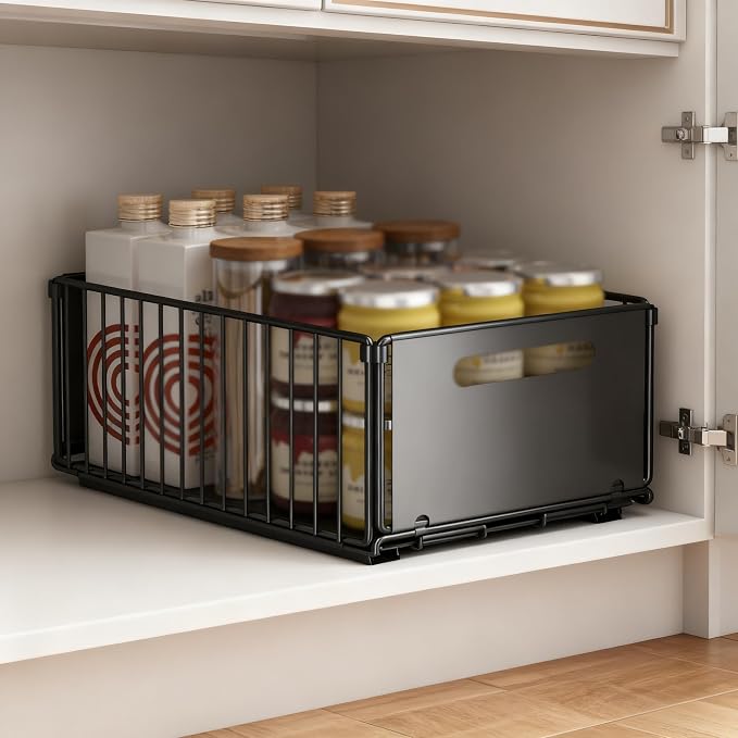 Pull Out Cabinet Organizer 2 Pack, Slide Out Drawers for Kitchen & Bathroom Cabinets, No Drilling,Peel and Stick, Heavy Duty Storage Shelves, Black (9.65" w x 14.76 d x 7.48" h)