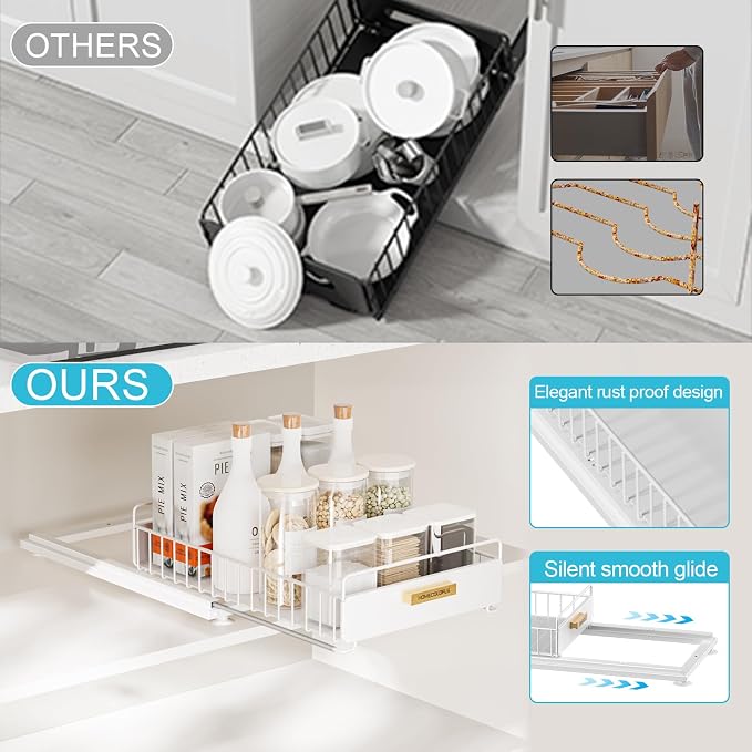 Pull Out Cabinet Organizer,Under Sink Organizer and Storage, Metal Slide Out Drawers for Cabinets, Multi-Purpose Storage Shelf for Kitchen, Cupboard, Bathroom 2 Pack White
