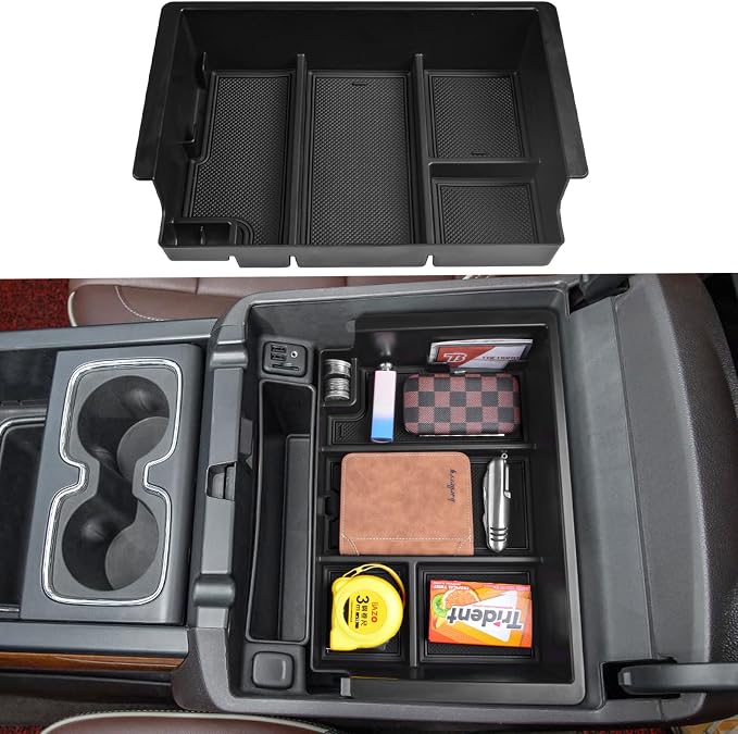 Full coverage Center Console Organizer Compatible with 2014-2018 GMC Sierra 1500 /Chevy Silverado 1500 Accessories 2015-2020 Yukon XL/Tahoe Suburban Insert Armrest Storage ABS Plastic, Black