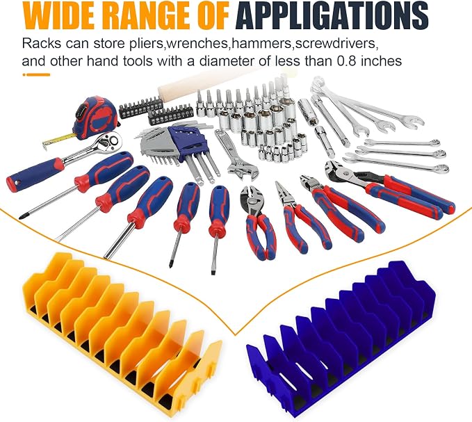 2PCS Plier Organizer Rack, 10-Slot Pliers Cutters Holder with Non-Slip Rubber Base, Extendable ToolBox Drawer Storage Accessory, Fits 3" H Tools, Pliers, Screwdrivers, Wrenches (Blue/Yellow)