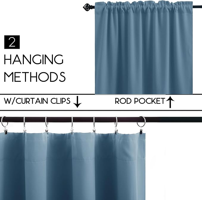 KOUFALL Blue Kitchen Window Curtains Over Sink,Small Blackout Short Rustic Farmhouse Dining Room Curtains 36 Inch Length,Gray Stone Blue