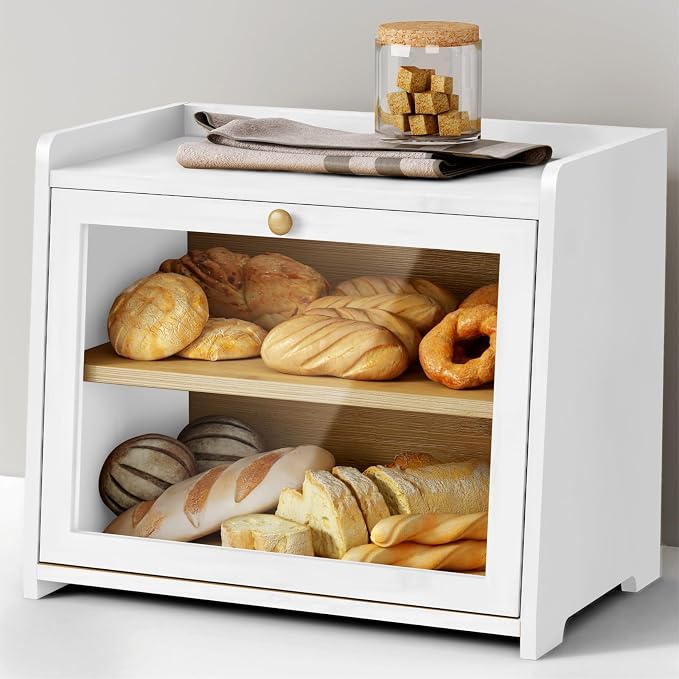 Goozii White Double Layer Bread Box for Kitchen Countertop, 2 Tier Counter Breadbox for Homemade Bread, Large Bread Storage Container Holder Keeper for Sourdough Loaf Storage (Bamboo Wood)