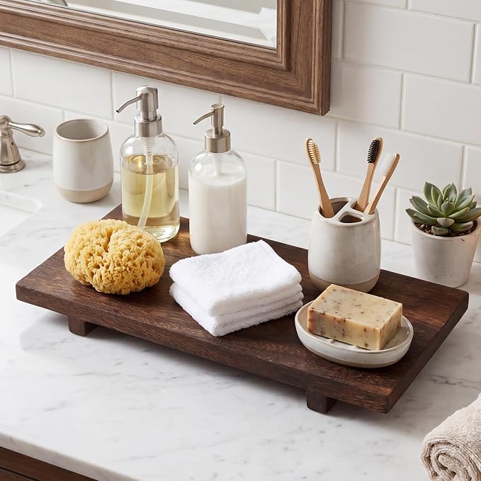 Nuogo Wood Riser Tray Soap Stand Soap Tray for Kitchen Sink, Wood Pedestal for Kitchen Counter Sink Stand Decorative Rustic Bathroom Dishes Plant Bottles Candles Display (16 x 8 Inch,Brown)