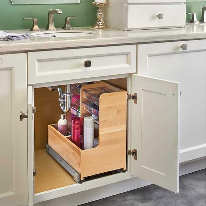 Rev-A-Shelf 30" Wood Vanity Sink Pullout Organizer Cabinet Storage with Soft-Close for Kitchen or Bathroom, Min Opening Width of 12", Maple Wood, 441-15VSBSC-1
