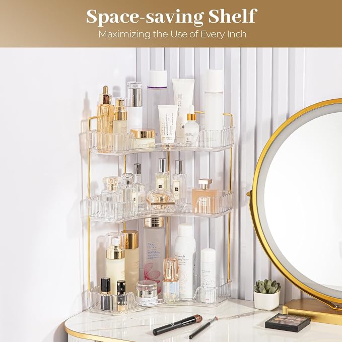 Aveniee Corner Bathroom Counter Organizer, Bathroom Countertop Shelf Makeup Storage, Clear Perfume Tray Holder (3 Tiers, White)