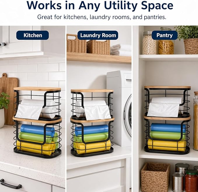 REFGY 2-Pack Multi-Purpose Trash Bag Holder & Stackable Kitchen Storage Organization Bins (11.02" x 6.69"), Protective Wire Basket with Natural Fiber Top, Versatile Garbage Bag Dispenser Under Sink