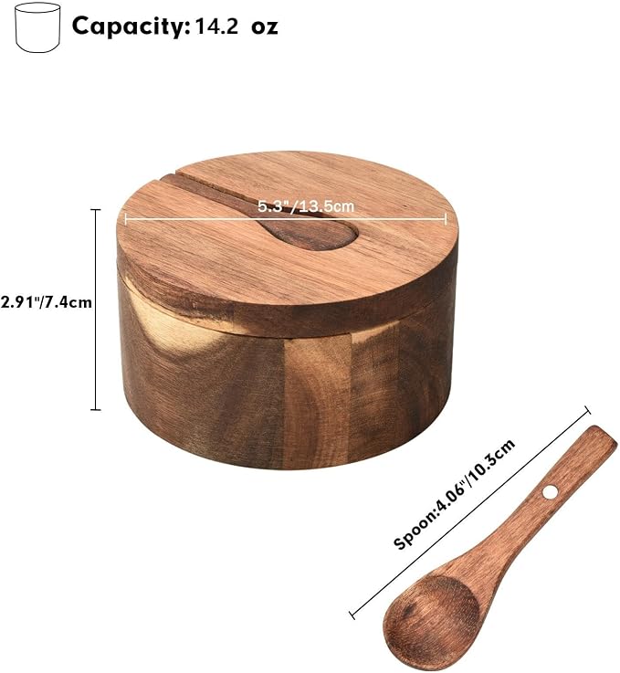 Wood Salt and Pepper Box, 3 Compartment Salt and Pepper Cellar With Lid and Spoon,Spice Condiment Container for Kitchen Countertop