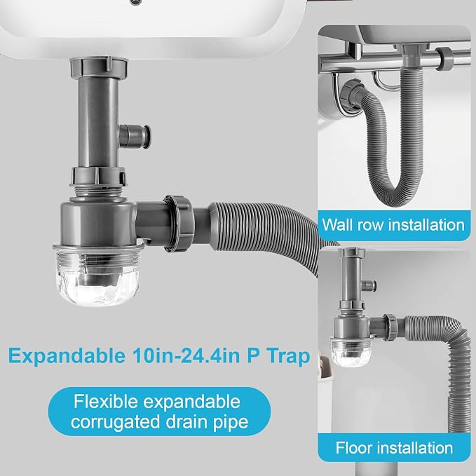 1-1/2" Flexible Sink Drain Pipe, Expandable Drain Hose, Adjustable Under Sink Drain Extension Tube 10" to 24.4", Thickened PP Sink Drain Replacement Hose for Kitchen Bathroom RV Sink, 1 Pack