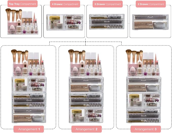 Sorbus Large Clear Makeup Organizer - Detachable 4-Piece Jewelry & Make Up Organizers and Storage Set - Spacious Cosmetic Display Tower - Makeup Organizer for Vanity, Bathroom, Dresser & Countertop
