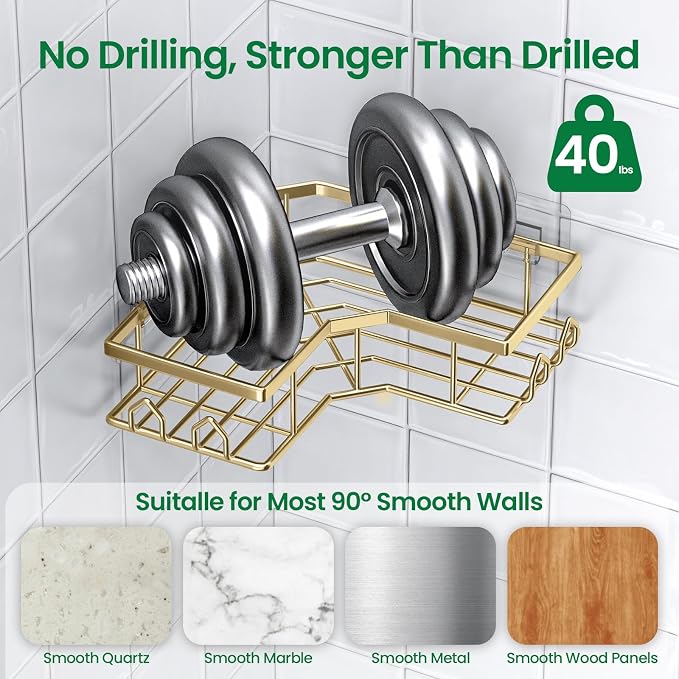 Adhesive Shower Caddy, 6 Pack Corner Bath Organizer, Rustproof Stainless Steel Shower Shelves with Large Capacity, No Drilling Shelves for Bathroom Storage, Home, Kitchen Décor(Gold)