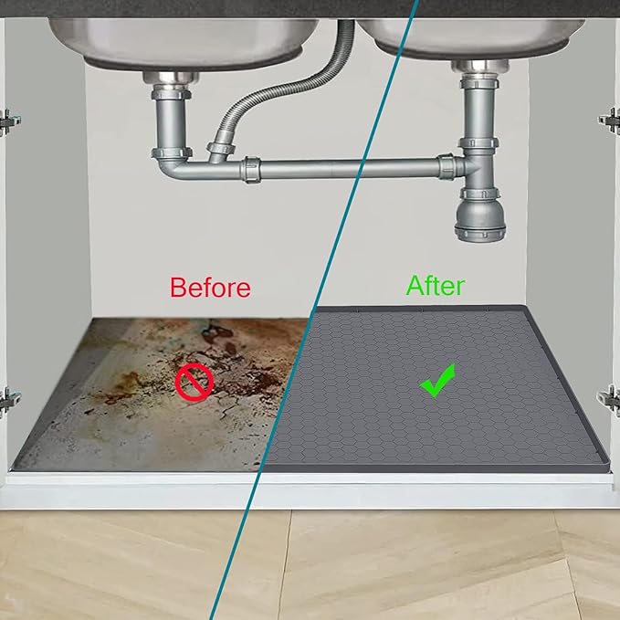 Under Sink Mat 31 x 22 for Kitchen Waterproof, Silicone Under Sink Liner for Kitchen Bathroom Cabinet Organizers and Storage, Easy to Clean Cabinet Mat, Grey