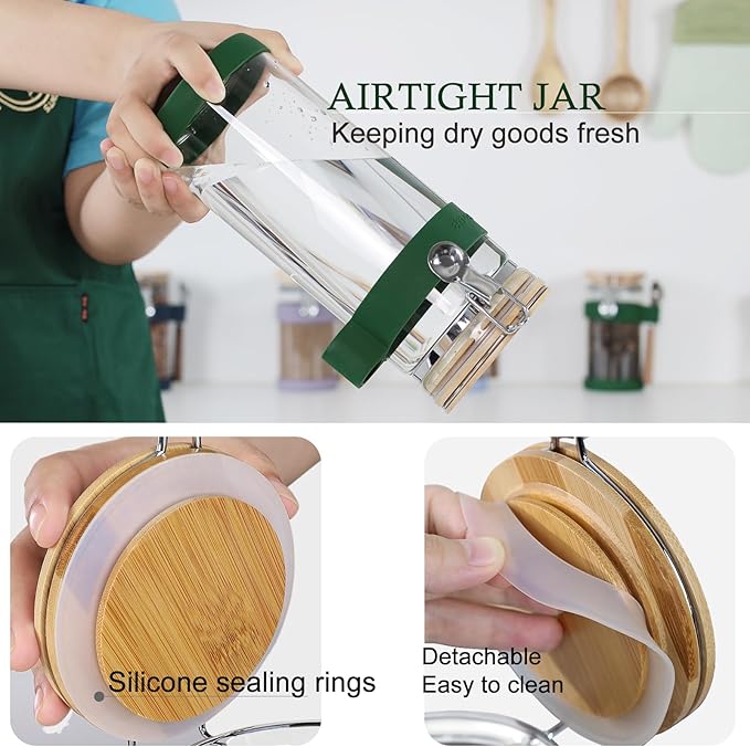 KKC Glass Protein Powder Container, 40oz Airtight Collagen Storage Jars with Bamboo Lids & 1 TBSP Measuring Spoons - Wide Mouth Aesthetic Countertop Dispenser Organizer for Kitchen, Smoothie Bar