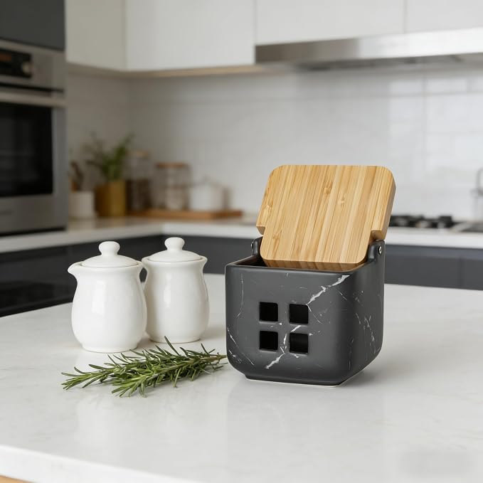 RQYIXI Garlic Container for Counter Ceramic Garlic Keeper Storage Garlic Holder with Lid to Keep Your Garlic Cloves Fresh Longer(Marble Black)