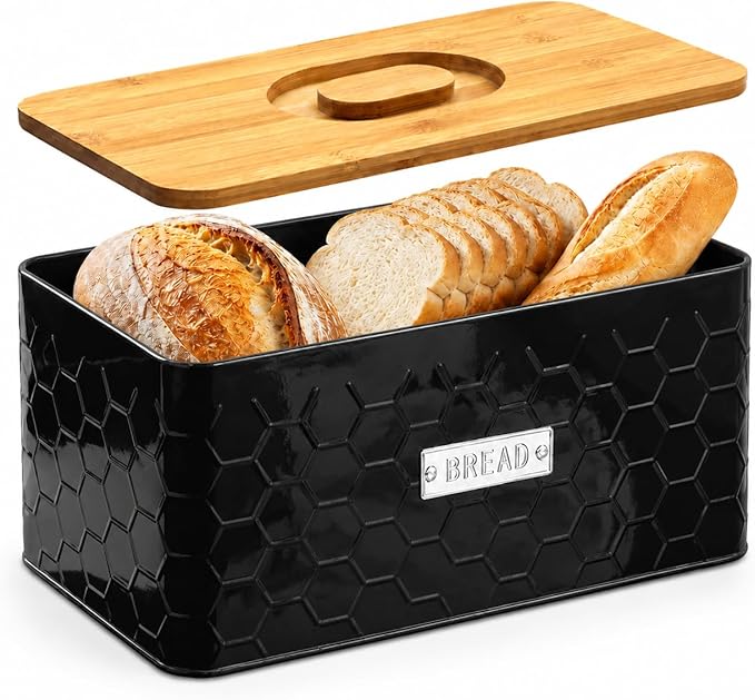 vensovo Bread Box for Countertop – Large Black Metal Bread Bin with Bamboo Cutting Board Lid, Farmhouse Bread Storage Container for Homemade Bread, Baked Goods & Kitchen Counter Organization
