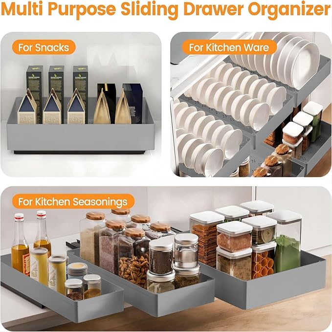 PrecisionAuto Expandable Pull-Out Cabinet Organizer for Kitchen Cabinets - Heavy Duty Slide-Out Drawer, Adjustable Adhesive, No Drill, Under Shelf Storage for Pots & Pans - Large