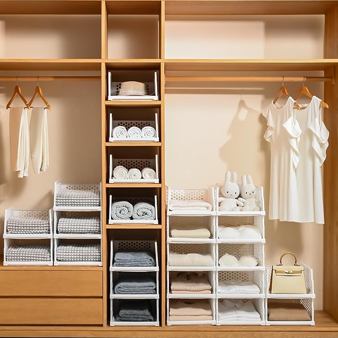 Pull-out Plastic Storage Basket,Stackable Closet Organizers Drawer Anti-Tipping, Reinforced Stable Shelf Container for Bathroom Laundry Room Storage, Space-Saving Clothes Storage (white, Large-5pcs)