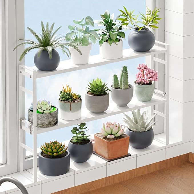 2pc Small Narrow Tall Shelf for Windowsill Kitchen Organizer Stackable Shelves Bathroom Sill Thin Shelves for Narrow Spaces Counter Top Racks (White, L13.7-23.6'' * W3.5'' * H14.5'')