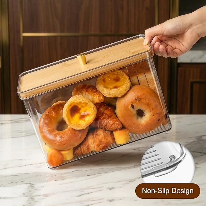 Hudgan Breadbox for Kitchen Countertop, Bread Storage Container with Bamboo Lid for Homemade Bread,Toast, Bagel, Donut, Cookies and Baguette, Large Corner Breadbox Keeper for Muffin