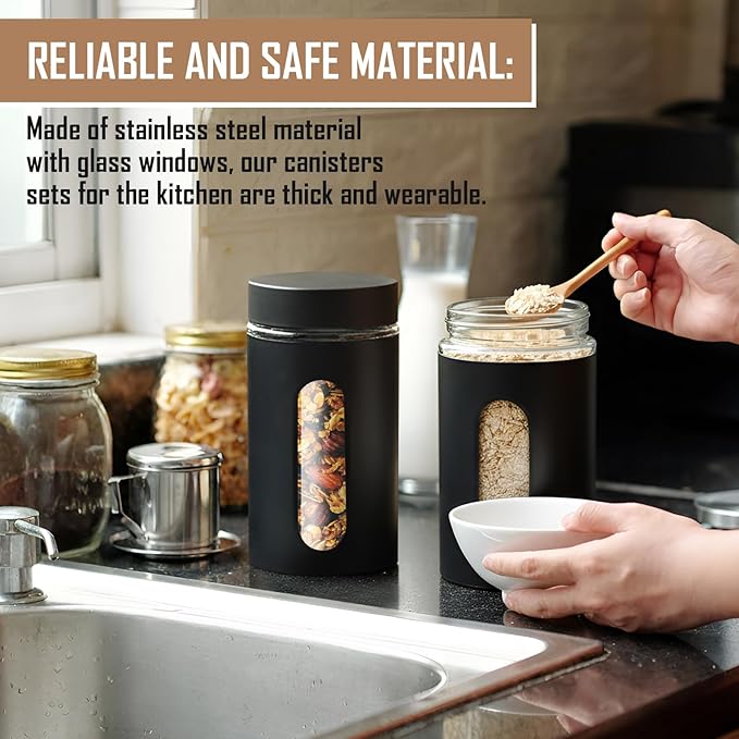 Mimorou 3 Pcs Stainless Steel Canister Set with Glass Windows Visible Storage Jars Silver Kitchen Canister Set for Pasta Flour Oat Sugar Container, Kitchen Tools, Housewarming Gifts(Black,32 oz)