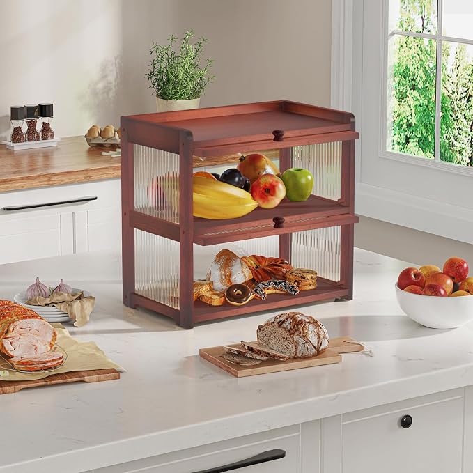 BAMBANG Extra Large Bamboo Bread Box for Kitchen Counter, Double Layer Bread Storage Container Farmhouse Bread Box with 4 Sides Transparency, Breadbox Bin Holder for Homemade Bread, Brown