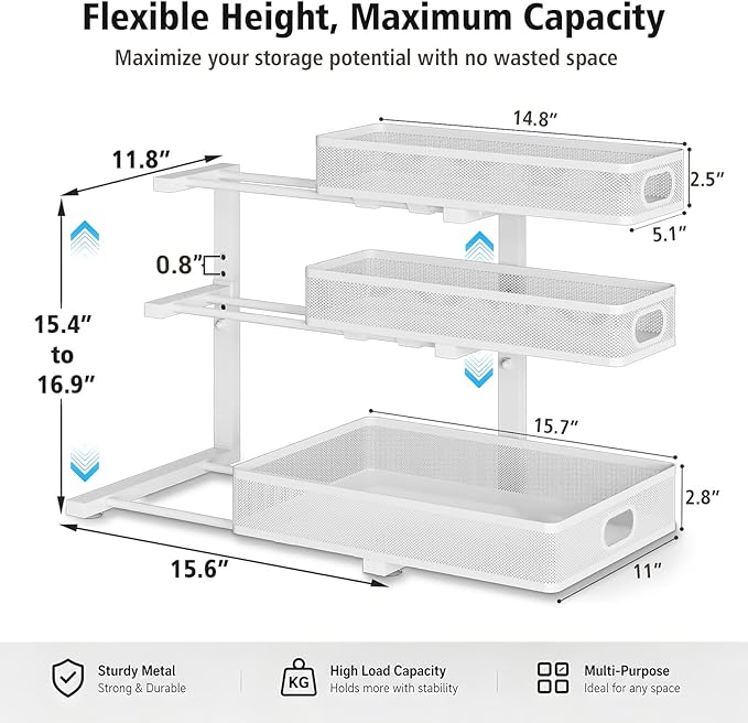 Under Sink Organizer, 3 Tier Pull Out Cabinet Organizer with 5 Adjustable Heights, Metal Under Sink Storage with Sliding Drawers for Kitchen, Bathroom, Pantry and Laundry Room, 2-Pack White