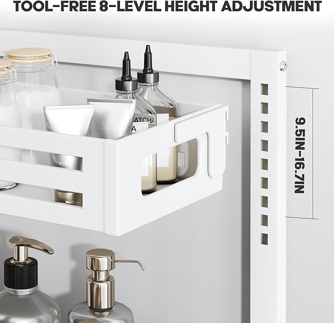 1 Pack Under Sink Organizer,Pull Out Cabinet Organizer With Smooth Cylindrical Rail,Metal Slide Out Drawer for Kitchen Bathroom Laundry Cabinet,8-Level Tool Free Height Adjustable-White