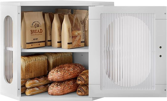 Alpeir Corner Bread Box for Kitchen Countertop, Thick Pine Wood Keep Freshness Longer, Adjustable Farmhouse Bread Storage Container with Window & Deli Papers for Homemade Bread, Baked, White