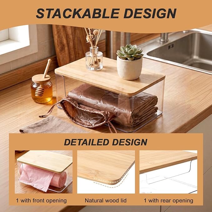 3 Pack Trash Bag Holder, Stackable Garbage Bag Dispenser with Bamboo Lid – Clear Plastic Organizer, Space-Saving Under Sink Storage for Kitchen, Laundry Room, Pantry & Cabinet