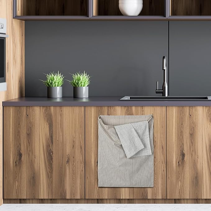 Reusable Dirty Rag Storage Bag Linen Dish Towel Cloth Bag Dish Rag Holder Natural Cotton Vintage for Under Sink Cabinet Door Organizer Laundry Bathroom Storage(Ecru,Vertical Stripes)