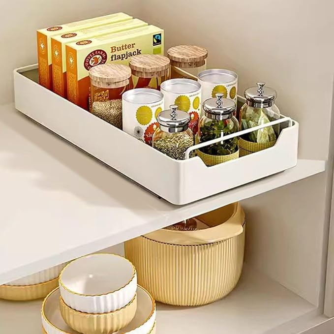 20cm Wide Pull-Out Cabinet Organizer Drawer – Stainless Steel Slide-Out Storage Box, Ultra Adhesive, Drill-Free Install, Extendable Shelf for Kitchen, Pantry or Bathroom, Noiseless