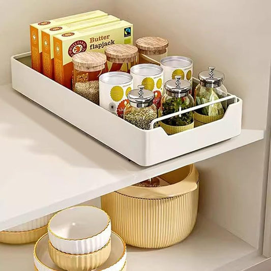 20cm Wide Pull-Out Cabinet Organizer Drawer – Stainless Steel Slide-Out Storage Box, Ultra Adhesive, Drill-Free Install, Extendable Shelf for Kitchen, Pantry or Bathroom, Noiseless
