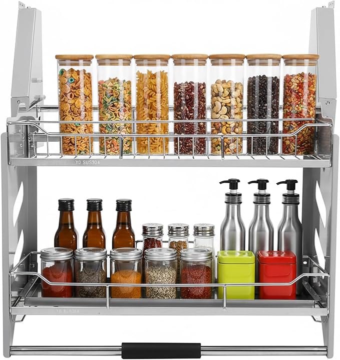 2-Tier Pull-down Storage Lift Cabinet Wall Cupboard Lifting Basket 304 Stainless Steel 22-34 Inch Width for Snacks Bowls Plate (900)