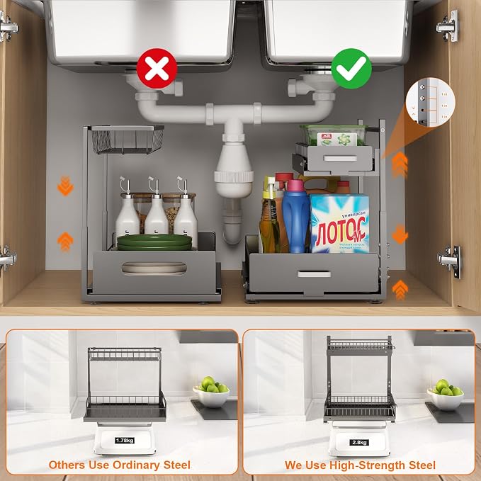 2 Pack Under Sink Organizer, 2 Tier Slide Out Cabinet Organizer with Pulley, Height Adjustable Pull Out Shelf for Kitchen, Bathroom, Laundry and Utility Storage, Gray