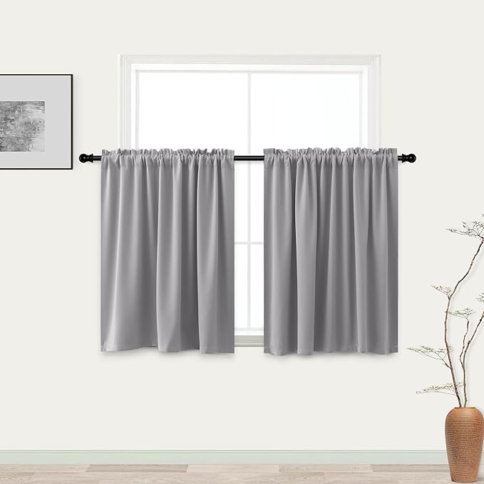 KOUFALL Half Curtains for Windows,Blackout Small Privacy Curtain for Bedroom Bathroom Kitchen RV,Light Grey,30 Inch Long