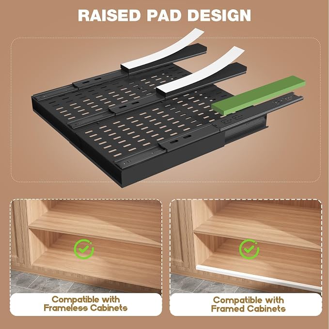 Seinloes 4 Pack Pull Out Cabinet Organizer Expandable Width (12"-20.8") & Depth (16.2"-23.6"), 3 Slide Rails Slide Out Drawers with Handle, Includes Raising Pad for Framed Cabinets, Black