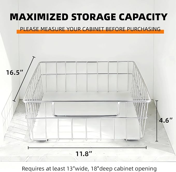 Pull Out Cabinet Organizer, 1 Pack Stainless Steel Pull Out Drawers for Cabinets with Silent Full-Extension Slides, Heavy Duty Kitchen Cabinet Organizer for Home Kitchen Pantry