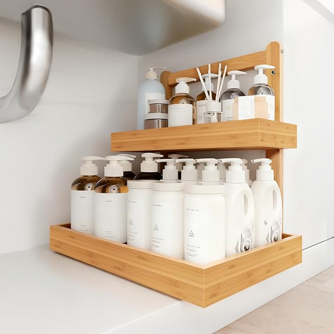 2-Tier Under Sink Pull Out Organizer, Bamboo Cabinet Storage Shelf with Adjustable Height, Slide Out for Kitchen Bathroom Pantry (Natural, 1 Pack)