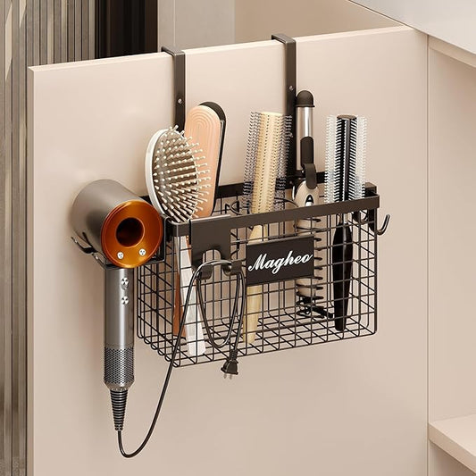 Magheo Hair Dryer Holder Cabinet Door 3-in-1 Adhesive Hair Tool Organizer Wall Mounted Adjustable Height Blow Dryer Holder Under Sink Bathroom Hair Appliance Organizer and Storage Countertop(Black)