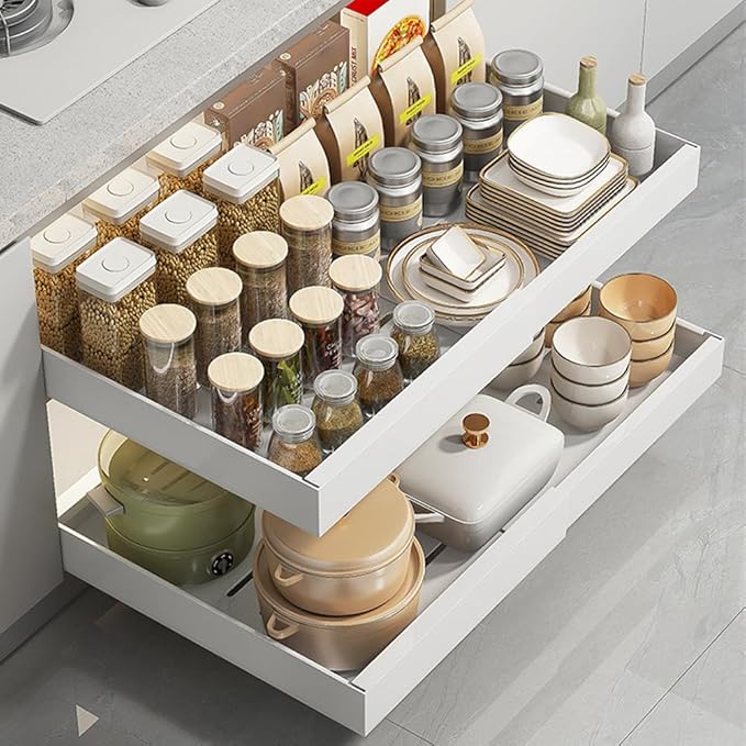 Pull Out Cabinet Organizer Fixed, Pull Out Drawers for Cabinets, No Drill Roll Out Shelves Adhesive, Sliding Under Sink Storage Organization for Kitchen