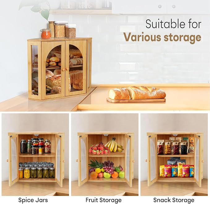 Corner Bread Box for Kitchen Countertop, Double Layer Bamboo Bread Storage Container for Homemade Bread, Large Capacity Bread Holder with 3 Adjustable Height for Counter, Natural